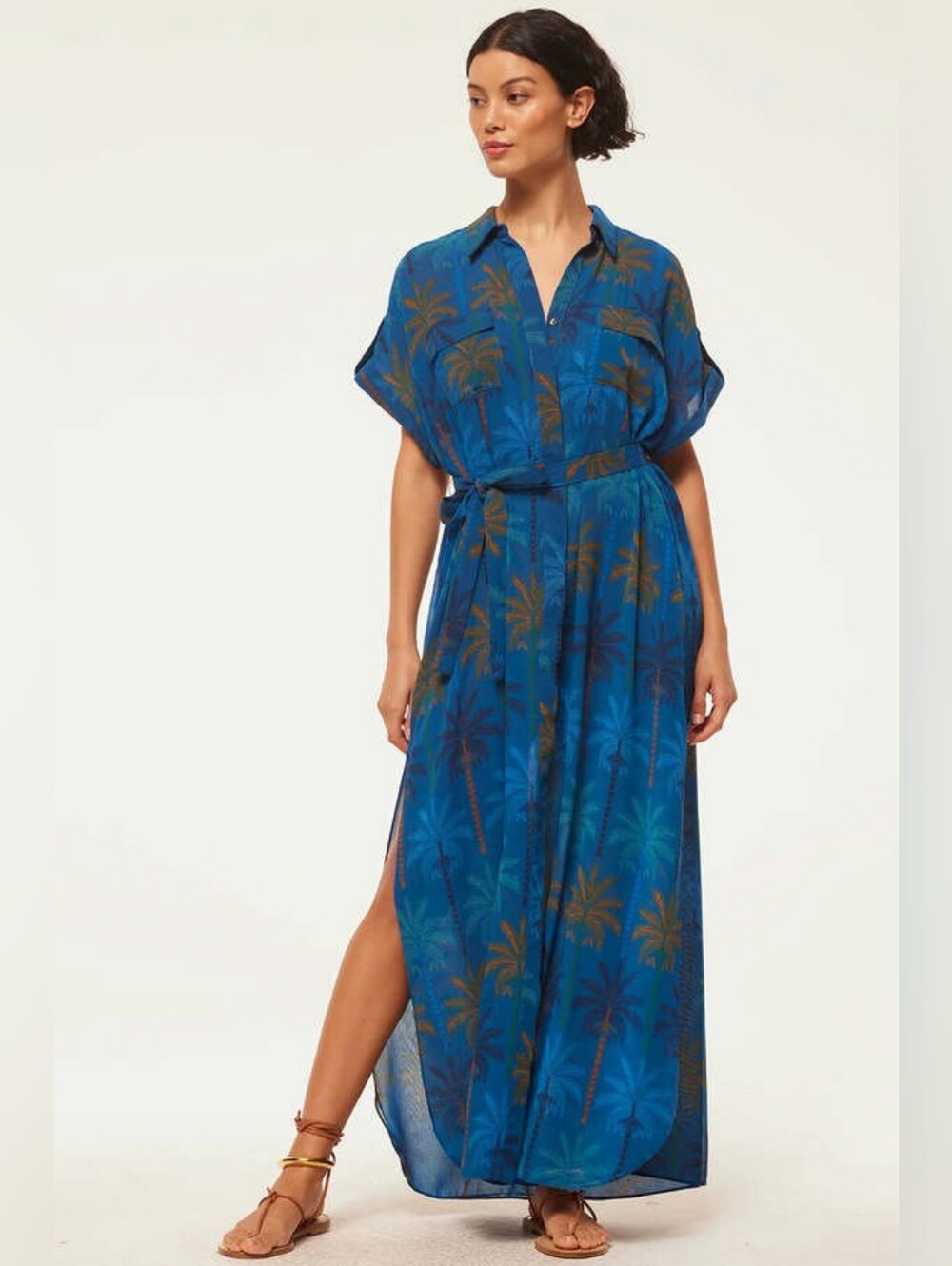 Misa Los Angeles Blue Palm Print Maxi Shirtdress XS New - Picture 3 of 3